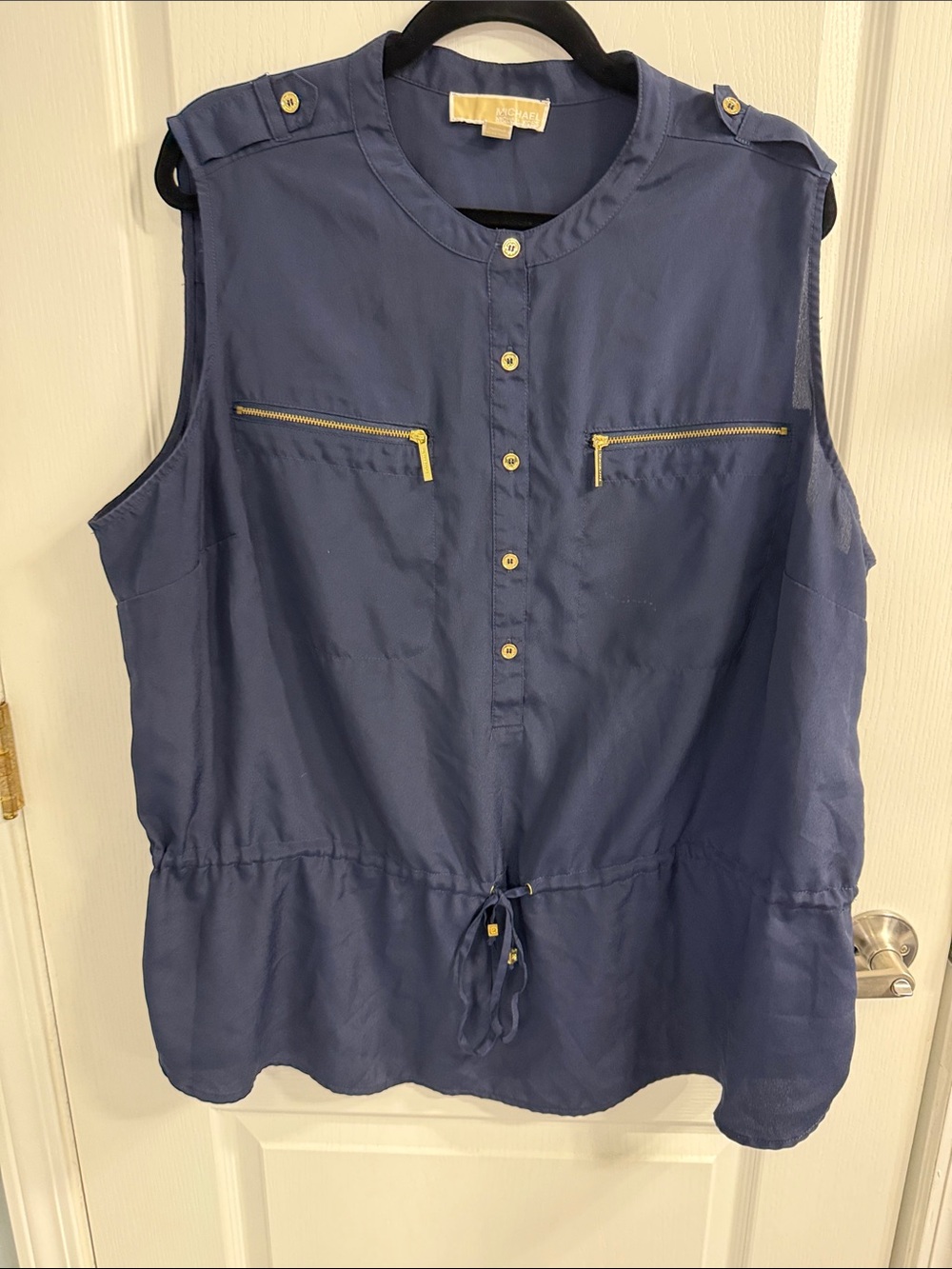 Michael Kors Sleeveless Navy Drawstring Utility Top with Gold Zips